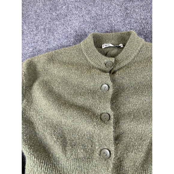 Zara Cropped Cardigan Sweater Womens Small Olive Green Knitted Button Front - Picture 2 of 8